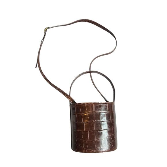 Staud Bisset Brown Leather Bucket Croc-Embossed Shoulder Bag - Picture 2 of 10